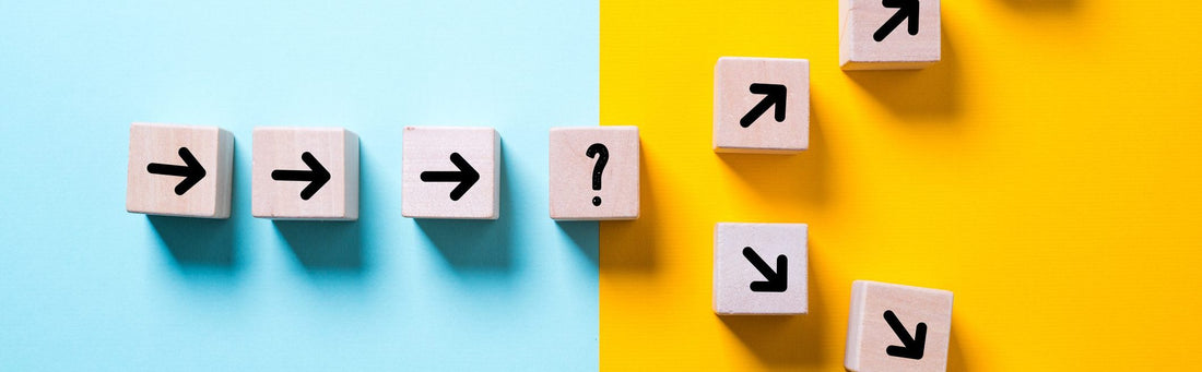 Arrows point in one direction and then split into two directions after a question mark.