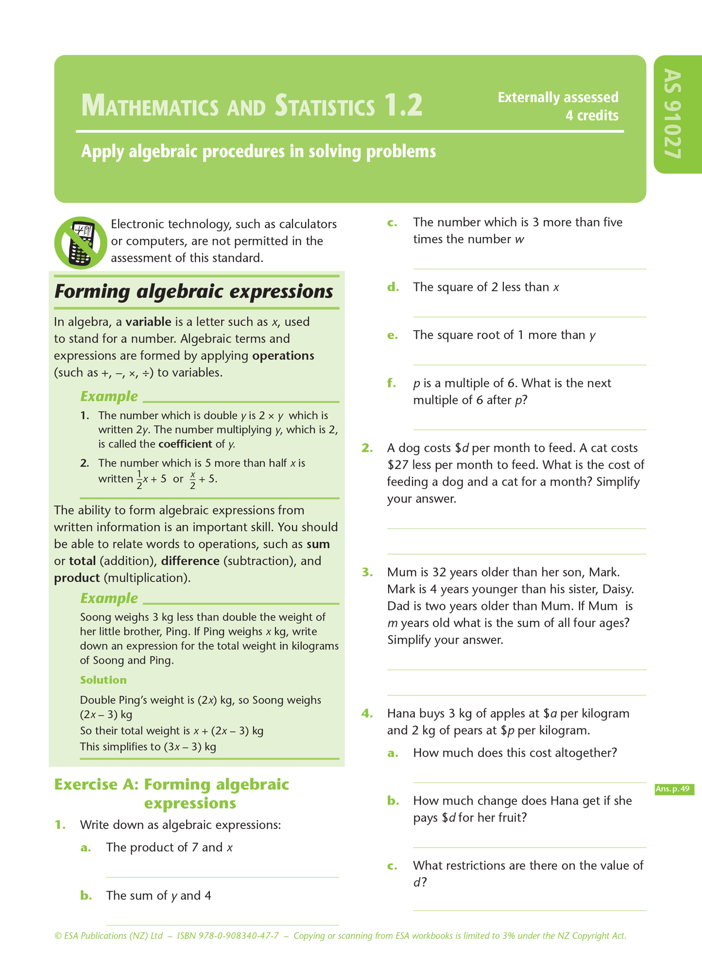 Level 1 Algebra 1.2 Learning Workbook