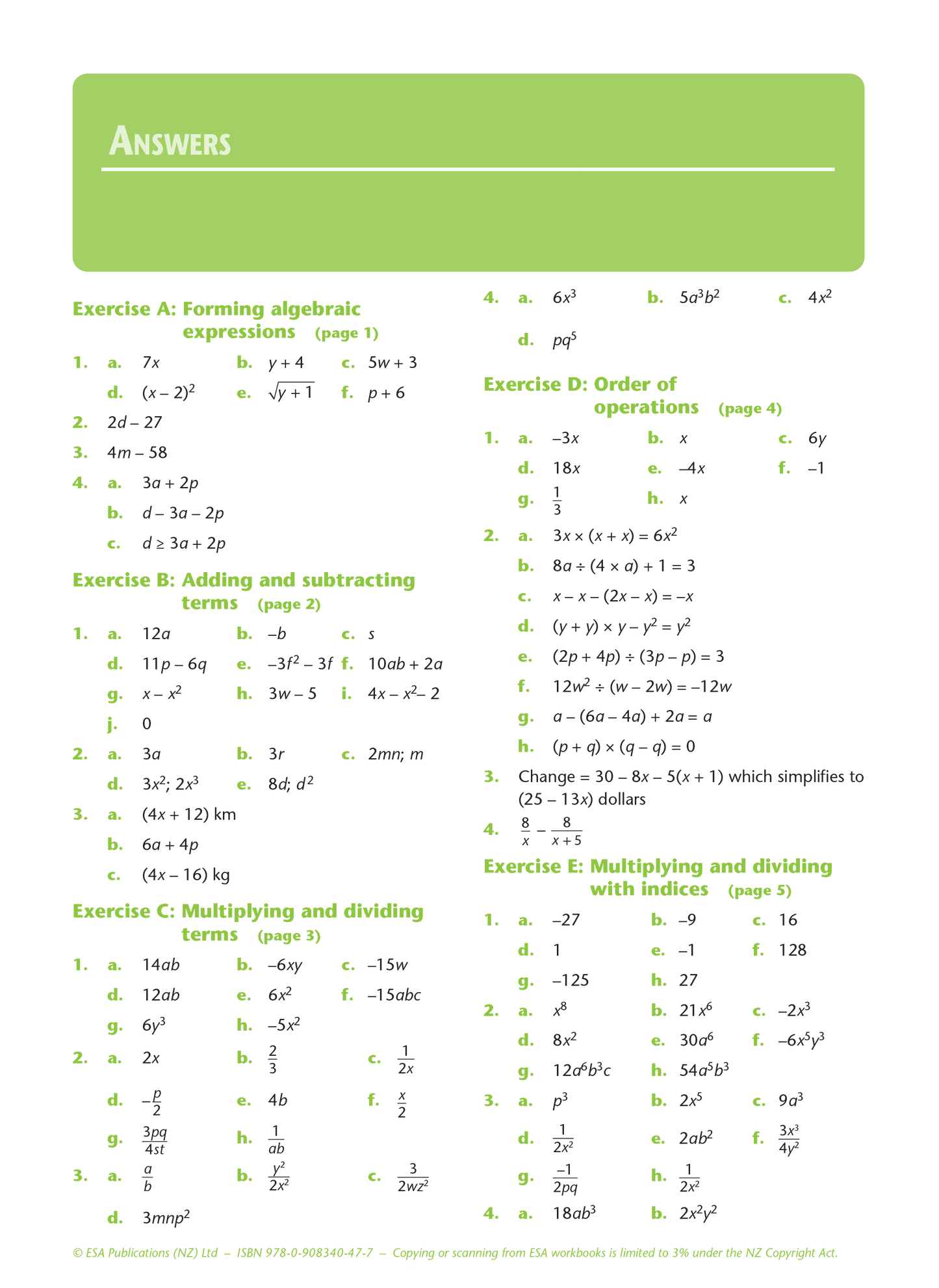 Level 1 Algebra 1.2 Learning Workbook