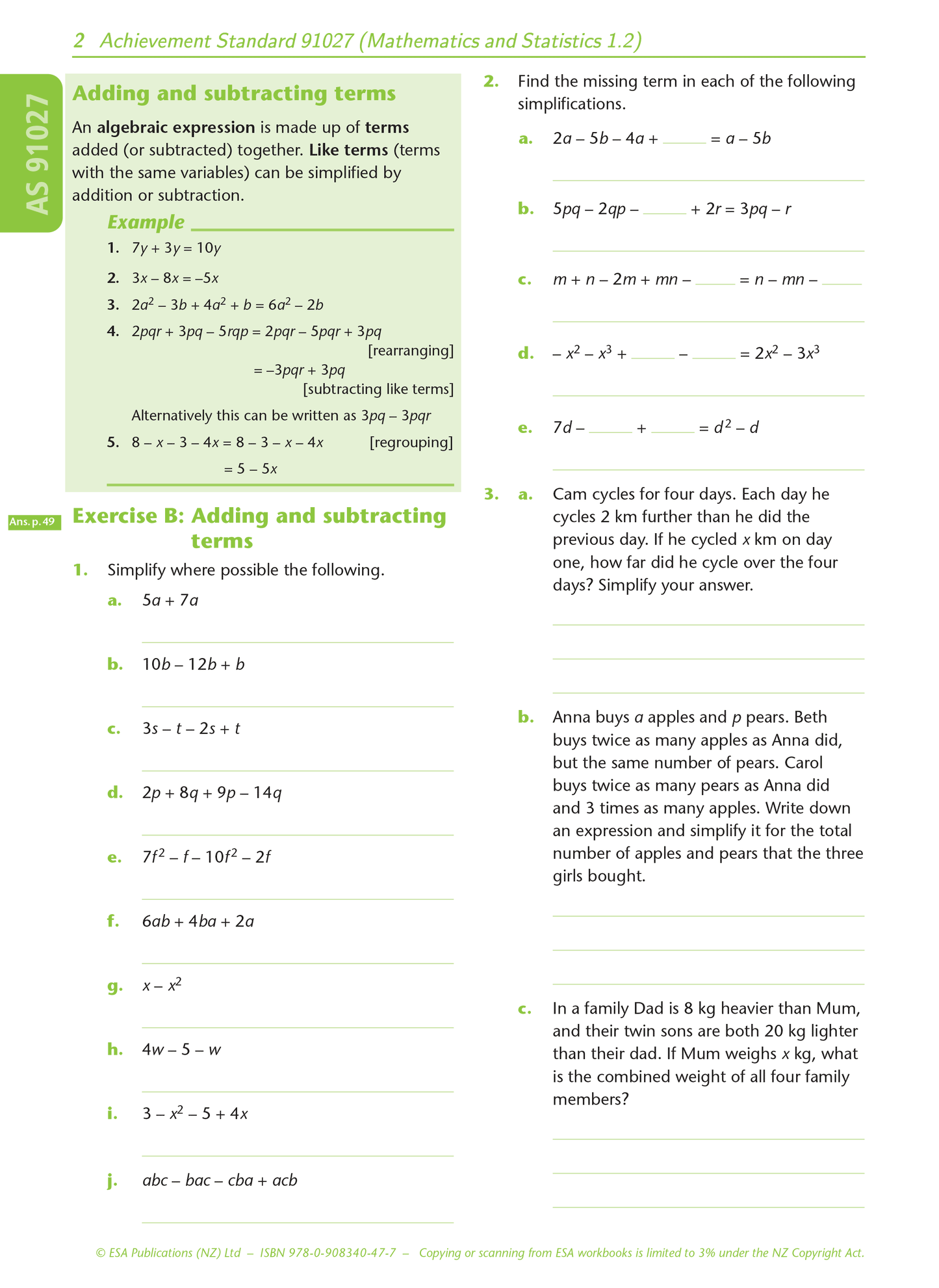 Level 1 Algebra 1.2 Learning Workbook