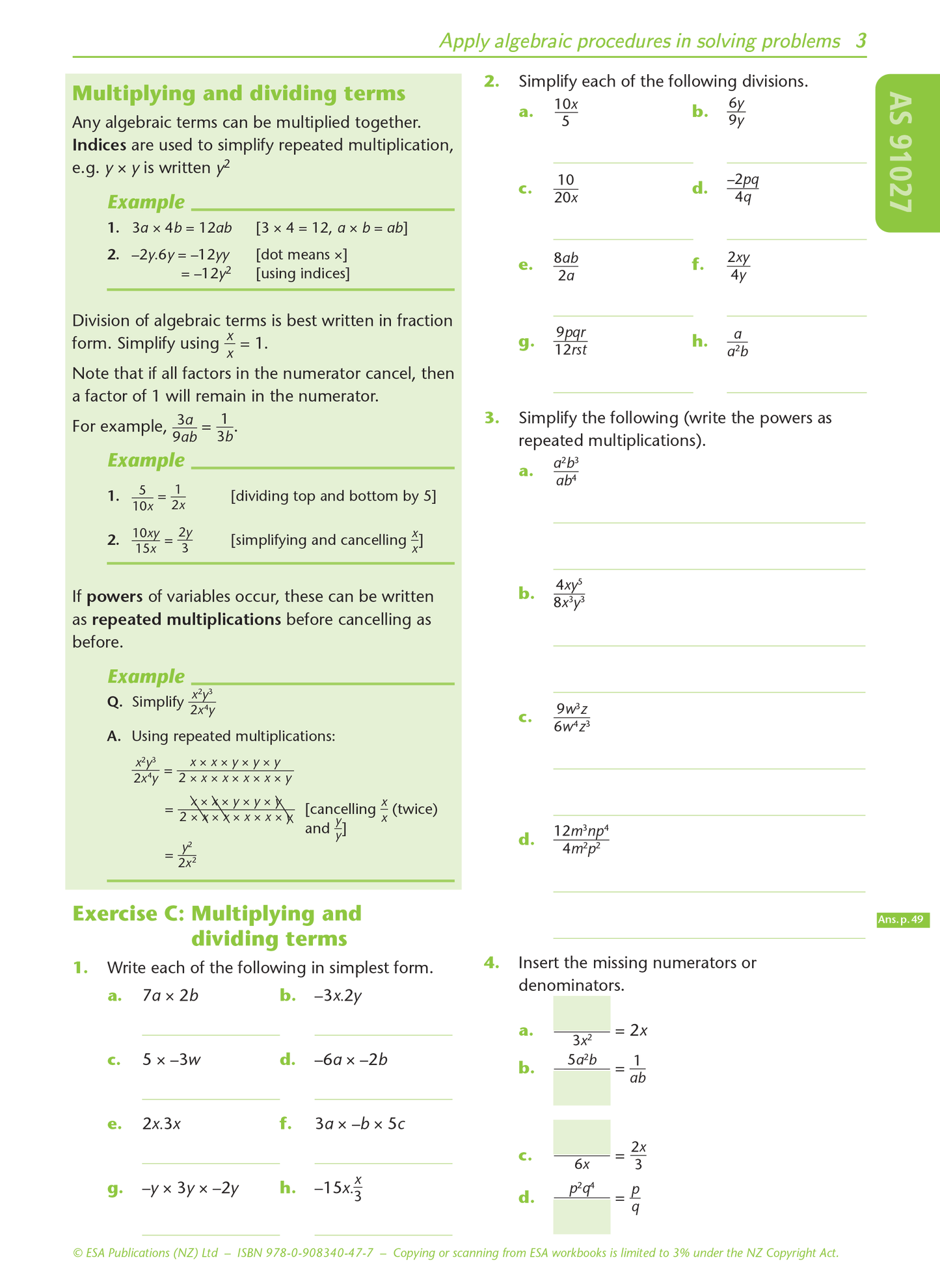 Level 1 Algebra 1.2 Learning Workbook