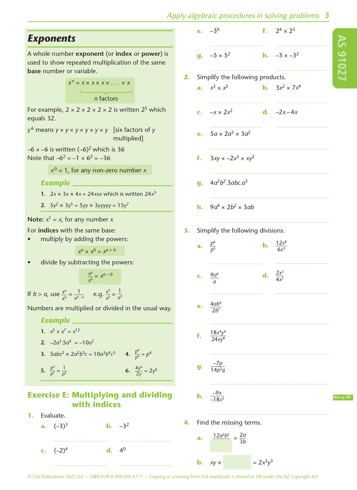 Level 1 Algebra 1.2 Learning Workbook