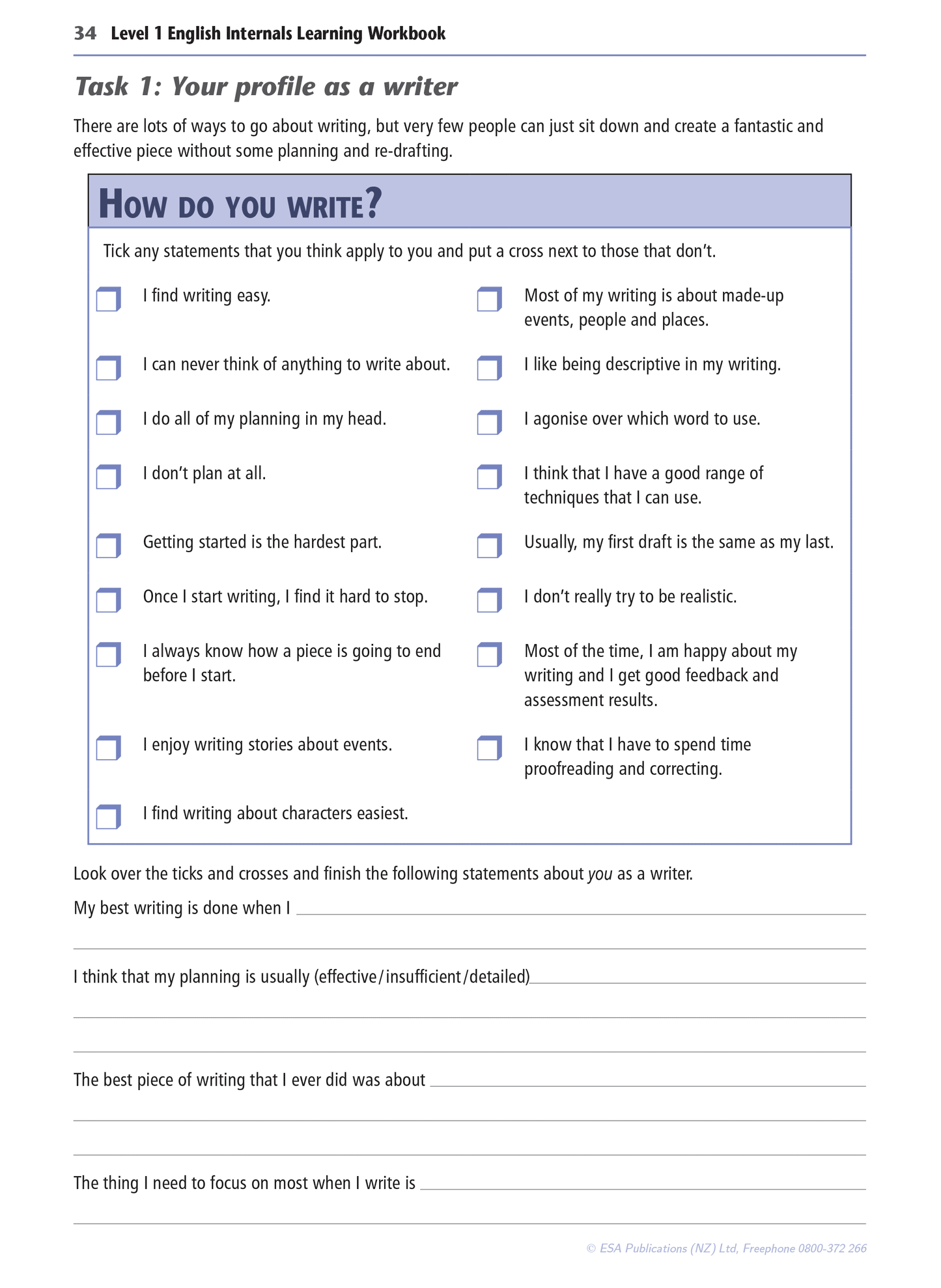 Level 1 English Internals Learning Workbook