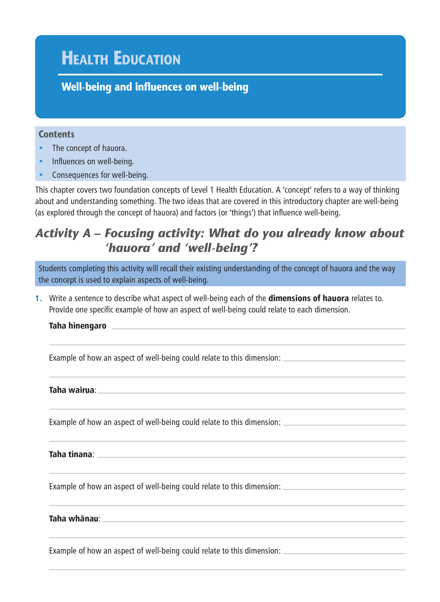 Level 1 Health Education Learning Workbook