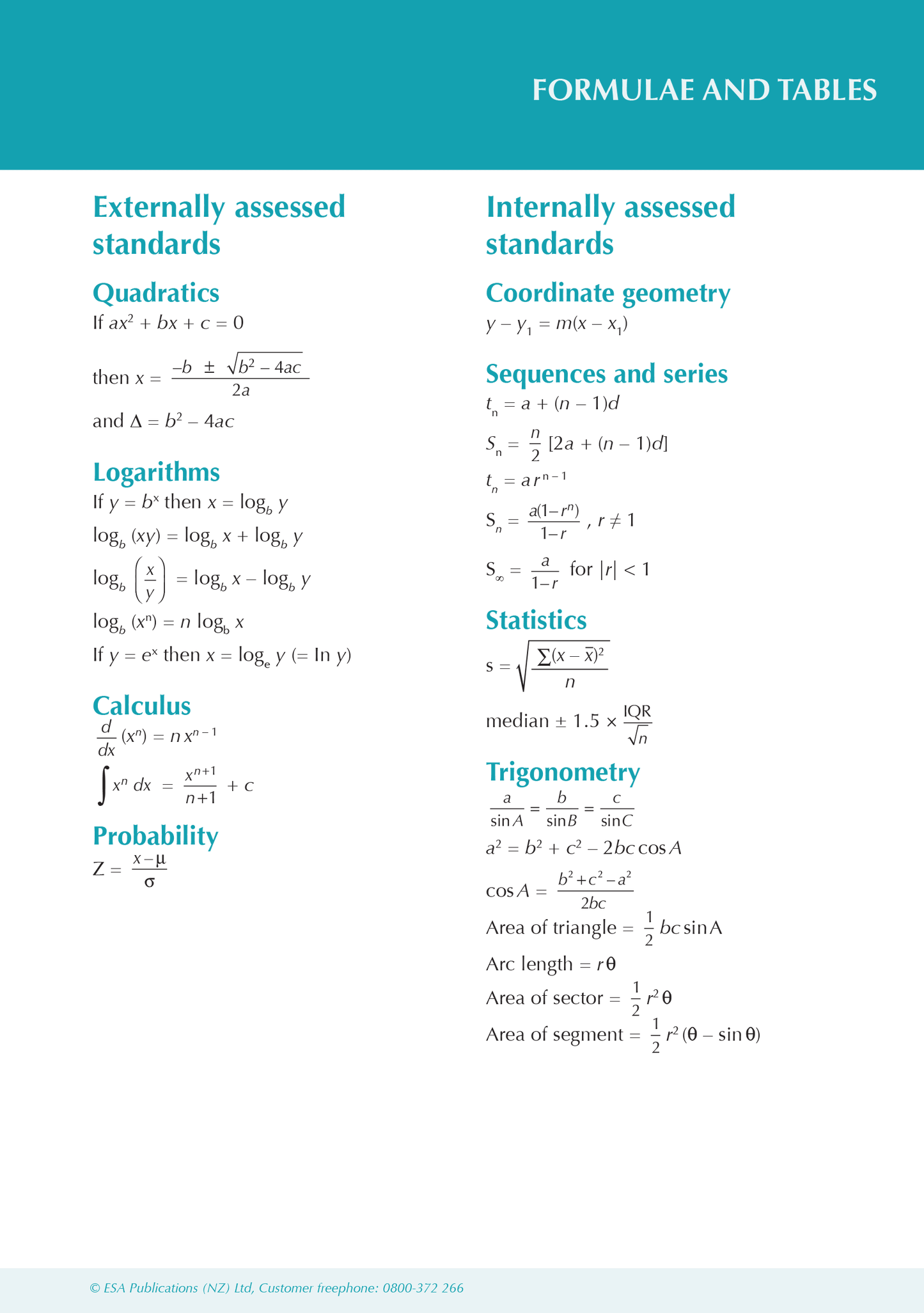 Level 2 Mathematics and Statistics ESA Study Guide