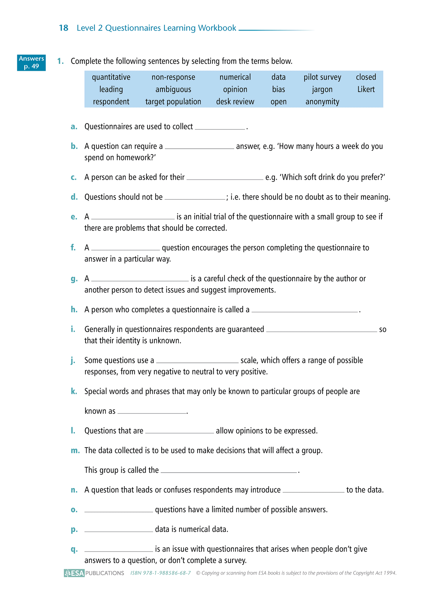 Level 2 Questionnaires 2.8 Learning Workbook