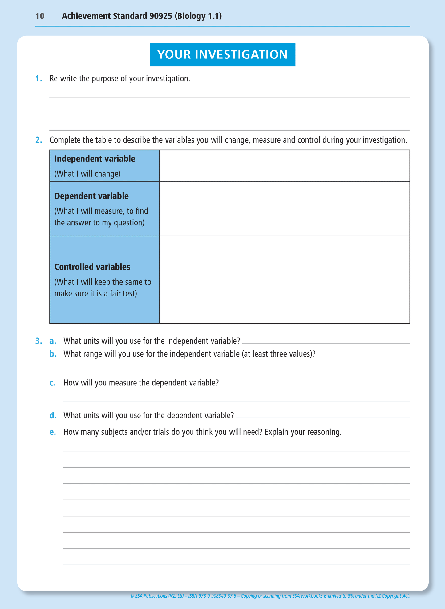 Level 1 Practical Biology Investigation 1.1 Learning Workbook