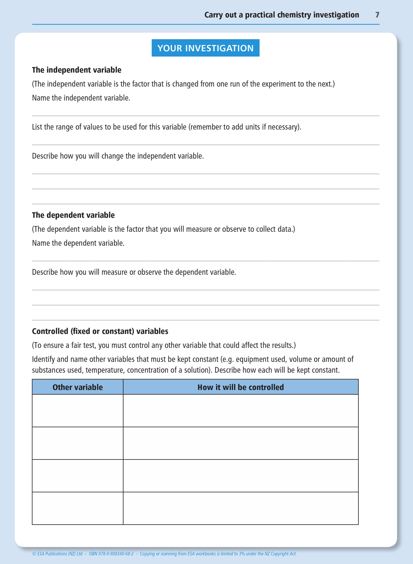 Level 1 Practical Chemistry Investigation 1.1 Learning Workbook