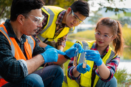 a teacher helps two chemistry students with an experiment outdoors.