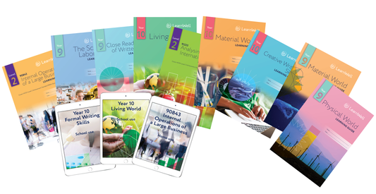 A selection of LearnWell Learning Guides including some digital versions displayed on iPads.