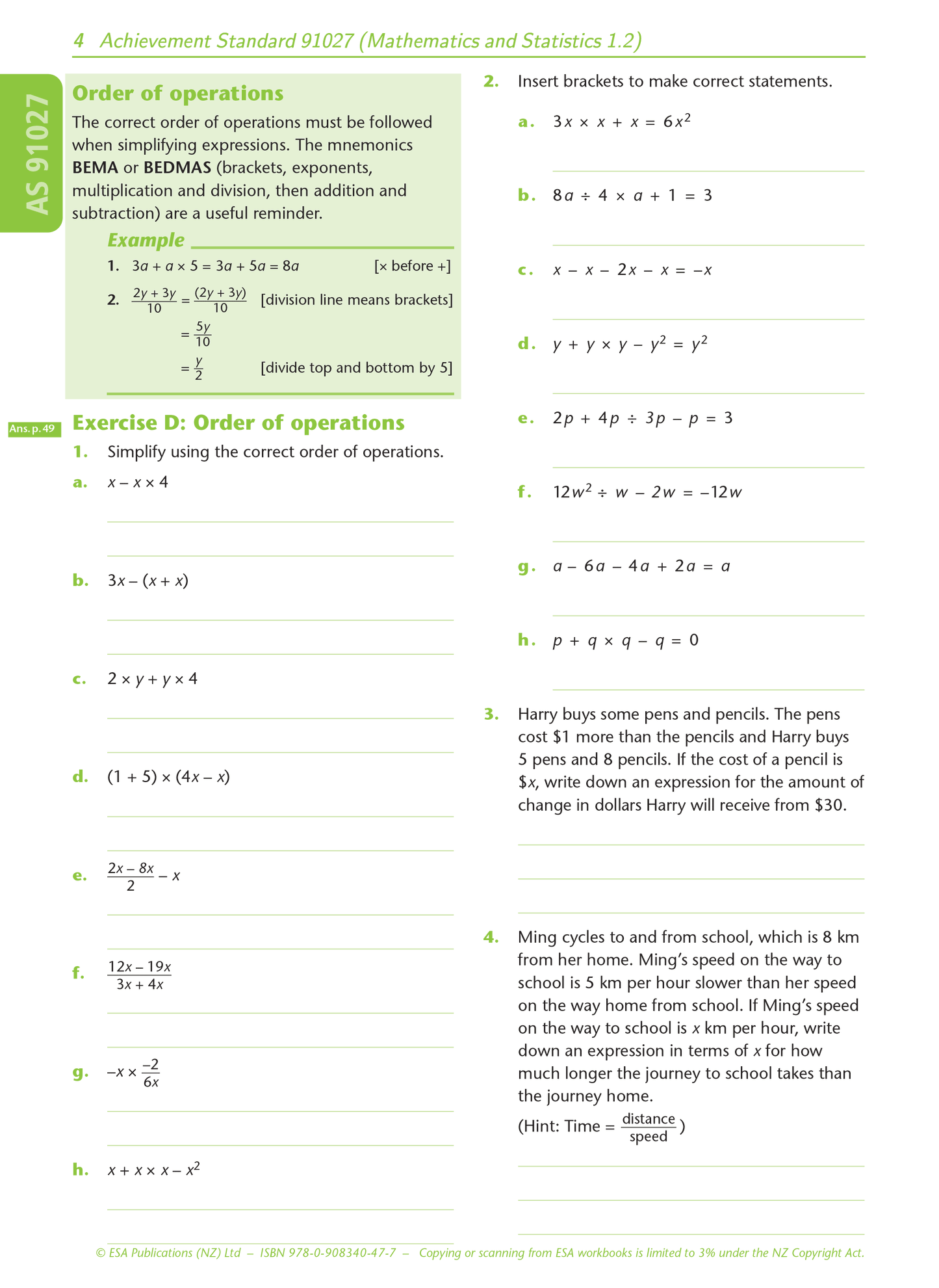 Level 1 Algebra 1.2 Learning Workbook