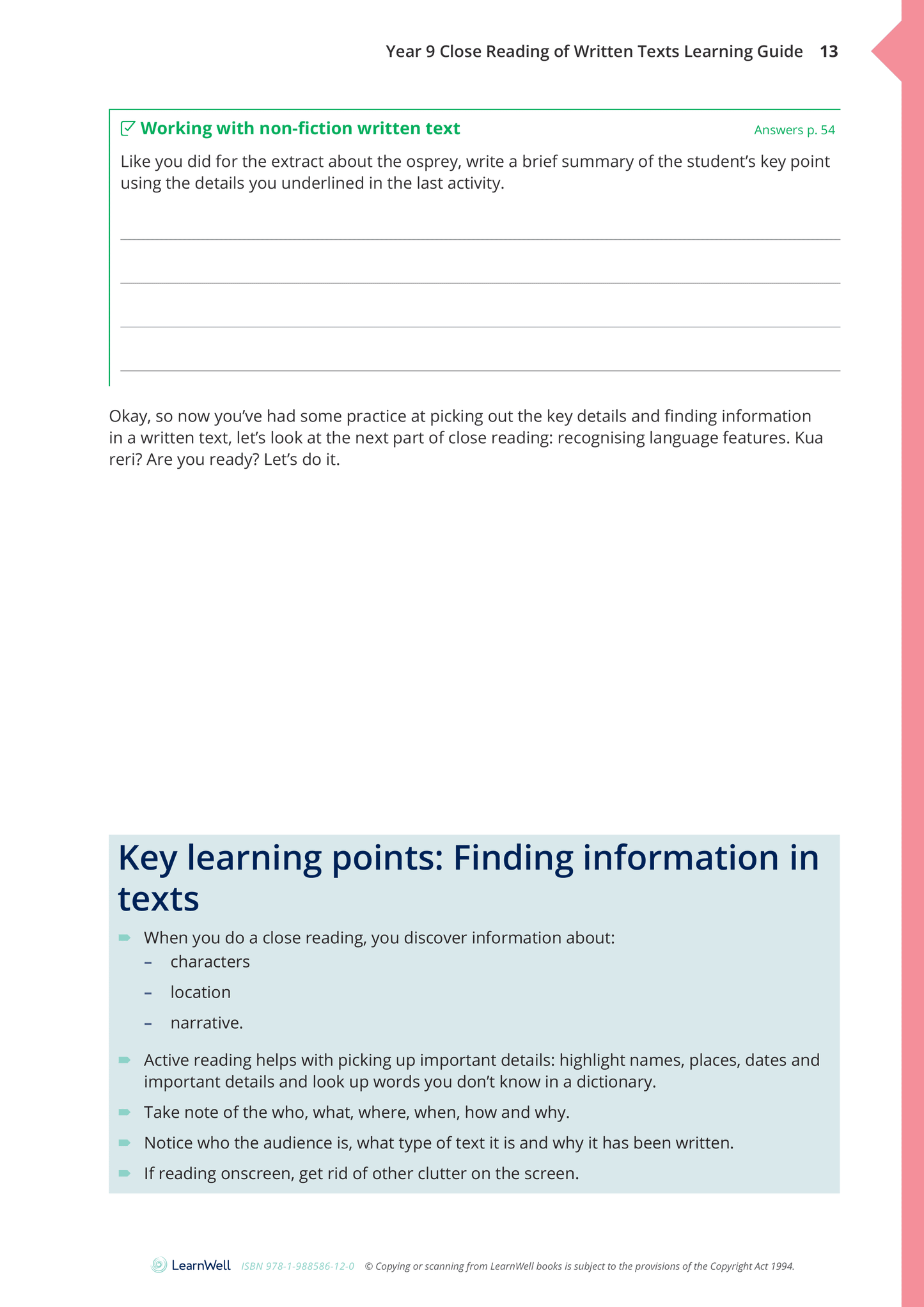 Year 9 Close Reading of Written Texts Learning Guide