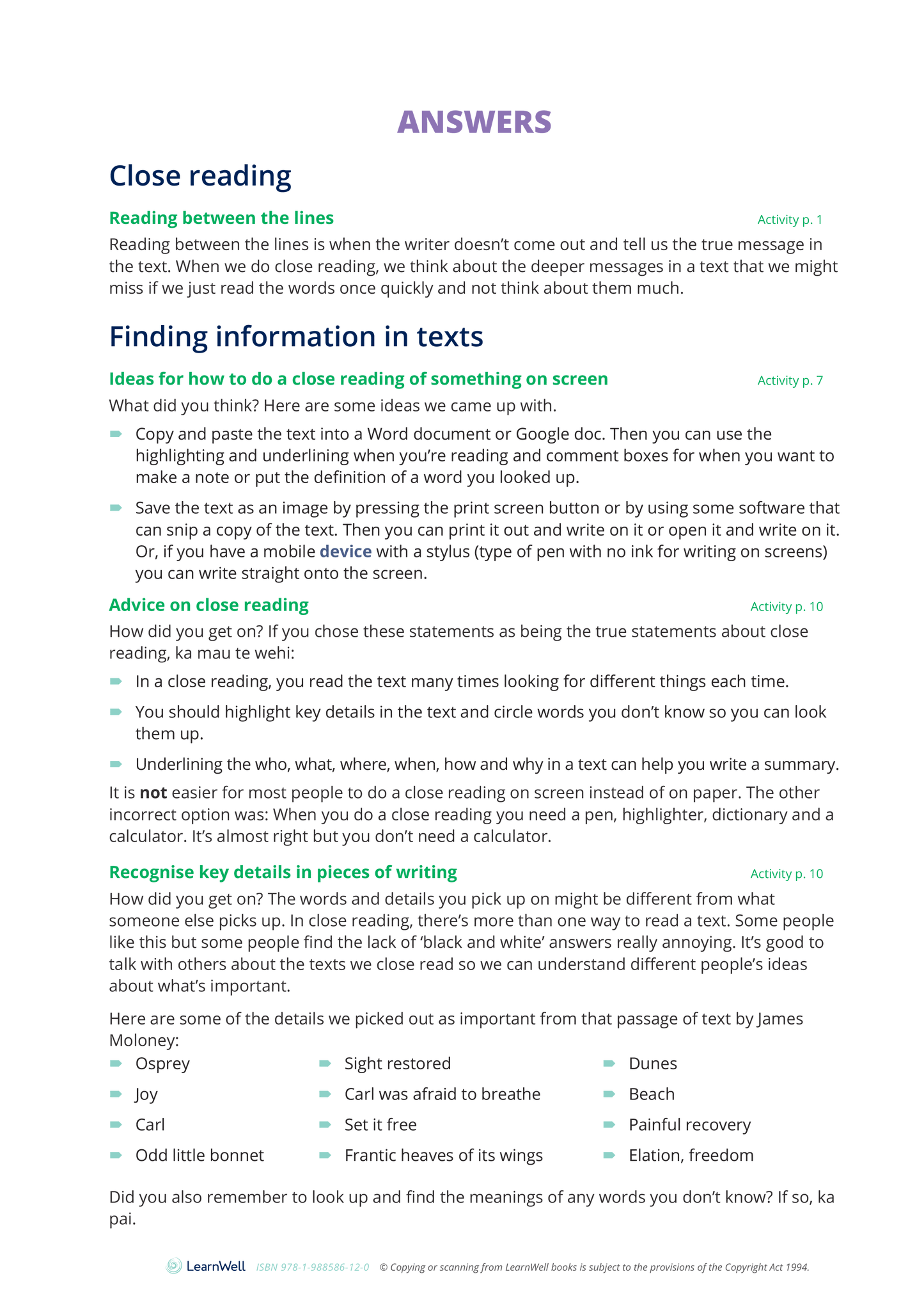 Year 9 Close Reading of Written Texts Learning Guide